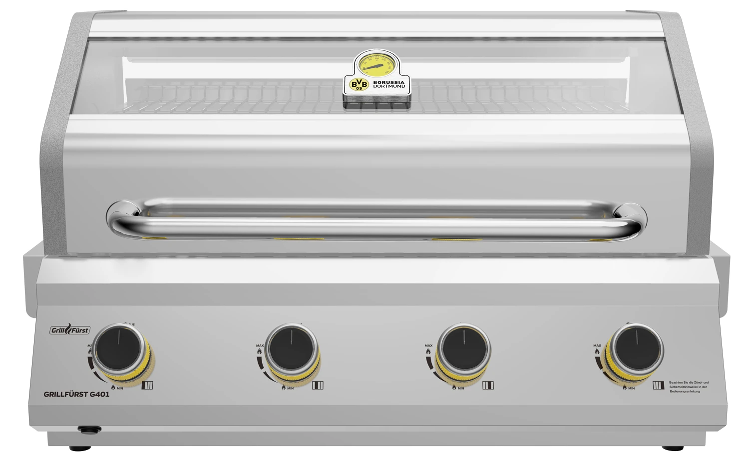 Grillfürst G401G Borussia Dortmund Edition 4-Brenner Edelstahl - Einbaugrill Mit Gusseisen Rosten 1 Grillfürst G401G Borussia Dortmund Edition 4-Brenner Edelstahl - Einbaugrill Mit Gusseisen Rosten