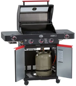Rösle Videro G3-S VARIO+ Schwarz Gasgrill - FC Bayern Edition - Inkl. FC Bayern Abdeckhaube, Barbecue Grillzange Und Burgerpresse -Grill Welt Geschäft Roesle Videro G3 S FC Bayern Unterschrank offen